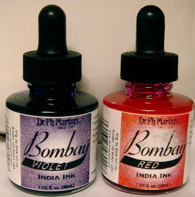 Bombay India Ink (liquid) Violet, Red, Teal (blue) 1 ounce bottle